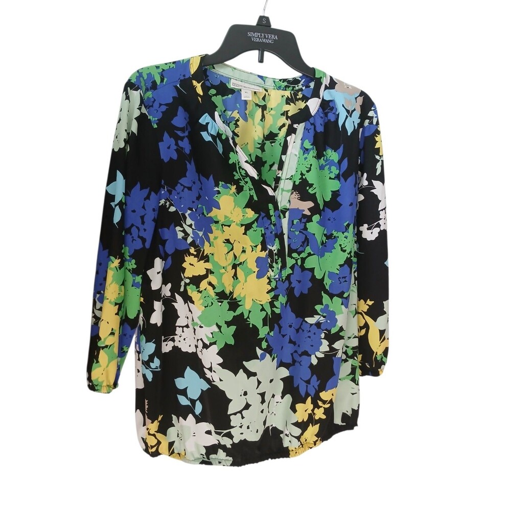 Dana Buchman Blouse Women XL Floral Multicolor 3/4 Sleeve V Neck Casual Top
